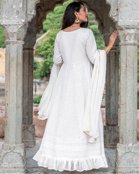 Off White Lucknowi Chikankari Dress With Georgette Bijiya Work Dupatta Set Of Two By Chokhi