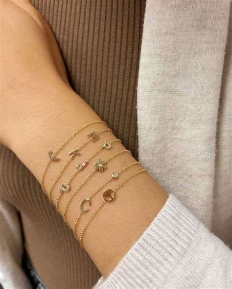 14k Gold Letter And Bezel Diamond Bracelet Gold Initial Etsy