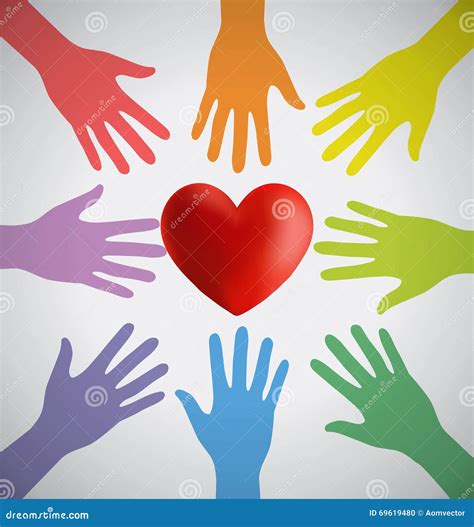 Many Colorful Hands Surrounding A Red Heart Stock Vector Illustration
