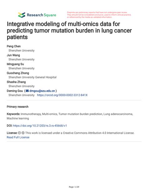 Pdf Integrative Modeling Of Multi Omics Data For Predicting Tumor Mutation Burden In Lung