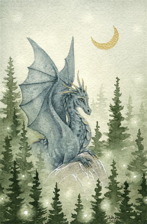 Dragon Art Watercolor Print His Forest Fantasy Art Pines Etsy Uk