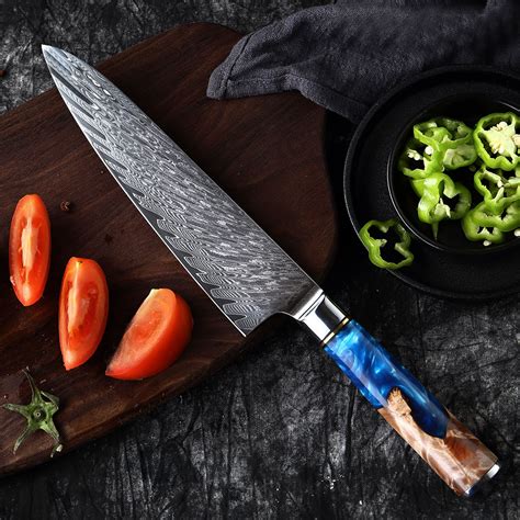 Damascus Steel Japanese Vg10 Chef Knife Kitchen Blue Resin Wood Handle