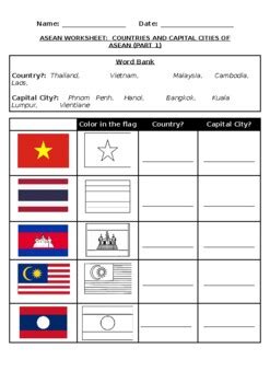 asean worksheets flags  countries  asean countries activites