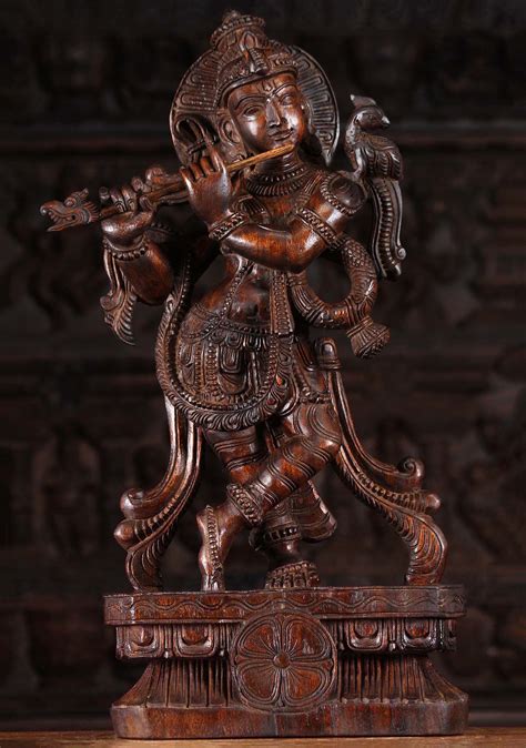 Sold Wood Gopal Krishna Playing Flute With Parrot 24 95w9v Hindu Gods And Buddha Statues