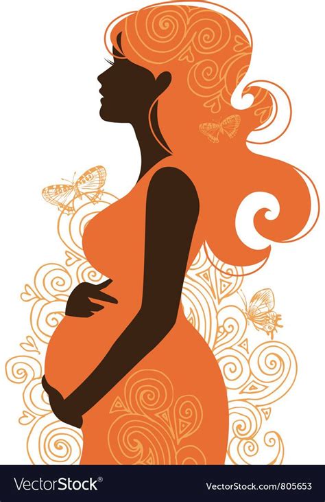 A Pregnant Woman In An Orange Dress With Swirls And Butterflies On Her