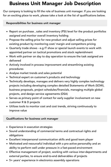 Business Unit Manager Job Description Velvet Jobs