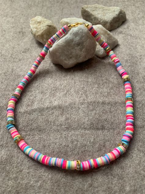 Heishi Beads Beaded Necklace Multicolor Beach Beaded Etsy
