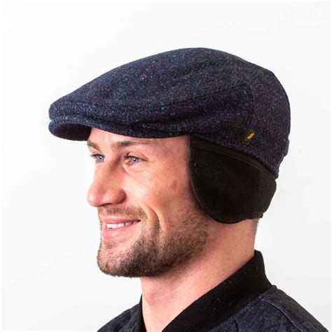 Irish Tweed Cap With Ear Flaps Navy Blue Winter Hat Hatman Ireland