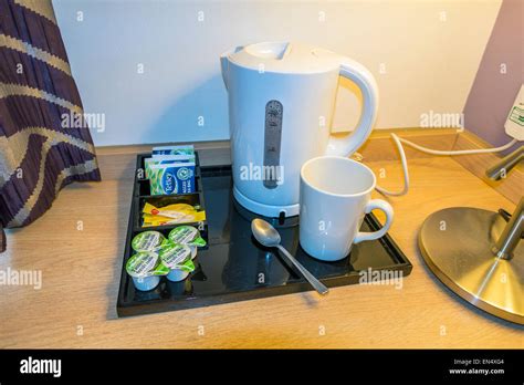 Hotel Room Complimentary Refreshments Tea Coffee Sugar Milk Stock Photo