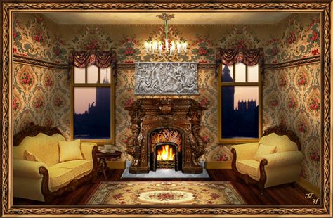 Two square brown wooden tables and white sofa, interior, design. Victorian Parlor by OokamiKasumi on DeviantArt