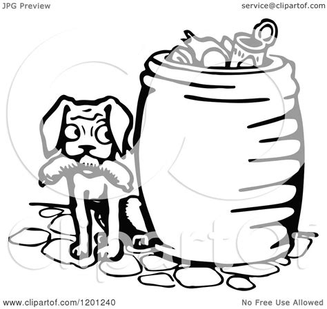 Clipart Of A Vintage Black And White Dog With Sausage By A Trash Can