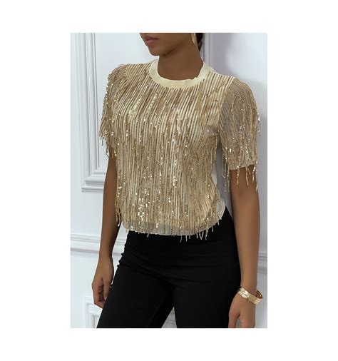 Top beige en sequin manches courtes doublé à l'avant. Vêtement mode femme