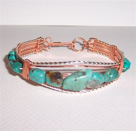 Copper And Silver Wire Wrapped Bracelet With Turquoise Nuggets