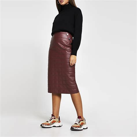 Red Faux Leather Quilted Midi Pencil Skirt River Island