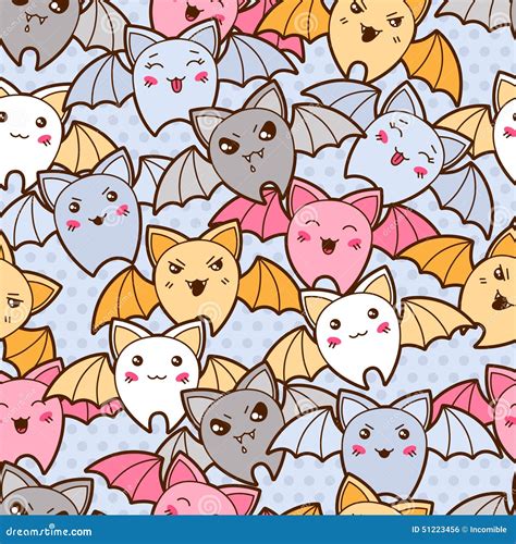 Seamless Kawaii Cartoon Pattern With Cute Bats Stock Vector