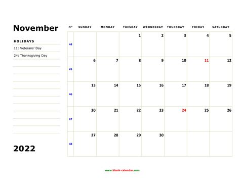 Free Download Printable November 2022 Calendar Large Box Holidays