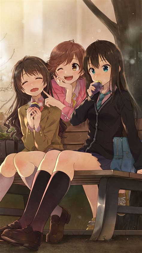 download 3 anime best friends sitting wallpaper