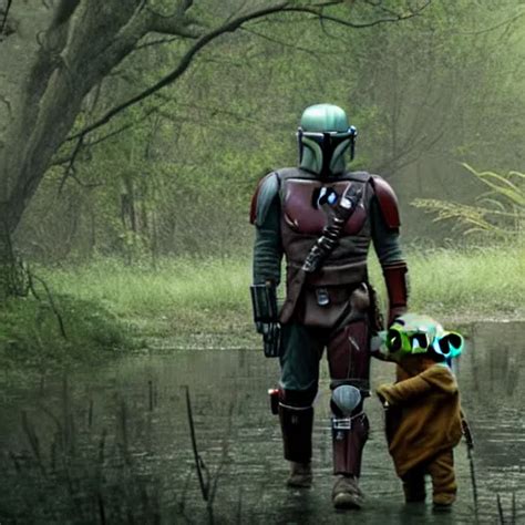 Mandalorian And Baby Yoda Walking Through Swamp Stable Diffusion
