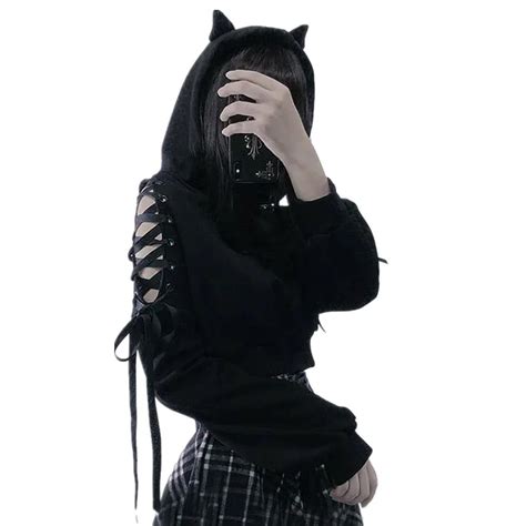 2021 Autumn Gothic Women Pullover Devil Ear Hooded Sweatshirt Hollow