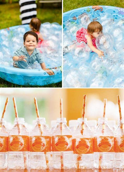 Children Playing In A Bubble Pit And Customized Water Bottles With