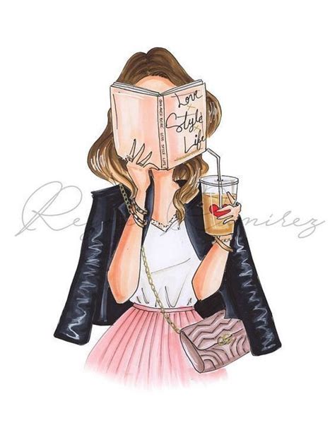 A Drawing Of A Woman Holding A Book And A Drink In Front Of Her Face