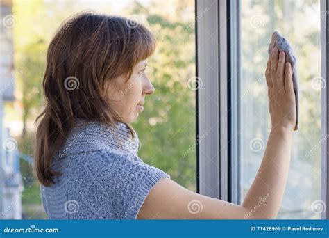 Woman Washing Windows In The Room Stock Image Image Of Cleanup