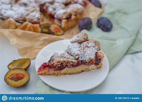 Sweet Home Made Plum Crumble Pie On A Table Stock Image Image Of