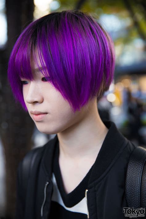 Purple Haired Harajuku Guy In Monochrome Streetwear W Wego Uniqlo Legenda Nyulycadelic
