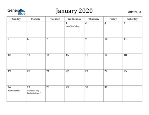 Printable 2020 Australian Calendar Template