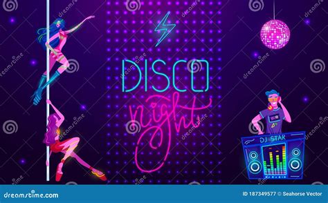 Neon Party In Night Disco Club Music Glow Bright Light Vector Illustration Girls Dancing In