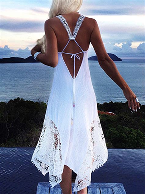 White Beach Asymmetrical Halter Solid Color Lace Boho Dresses Style