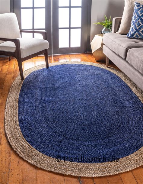 Oval Navy Blue Hand Woven Jute Rugs Indian Braided Jute Rug Etsy