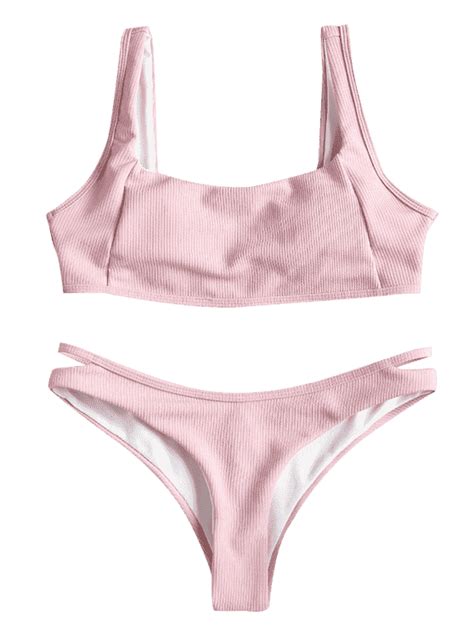 Ribbed Square Neck Knit Bikini Pink M Swimwear Beachwear Swimsuits Bikinis Pink Bikini