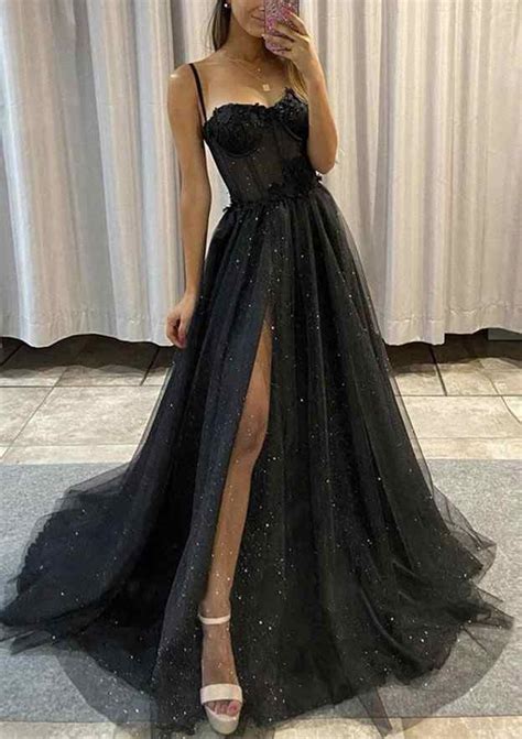 A Line Sweetheart Spaghetti Straps Sweep Train Tulle Glitter Prom Dress With Appliqued Prom