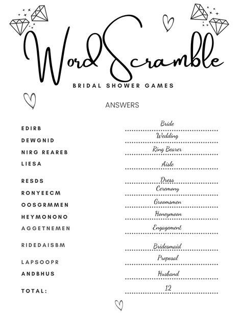 Bridal Shower Games Printable Wedding Word Scramble Printable