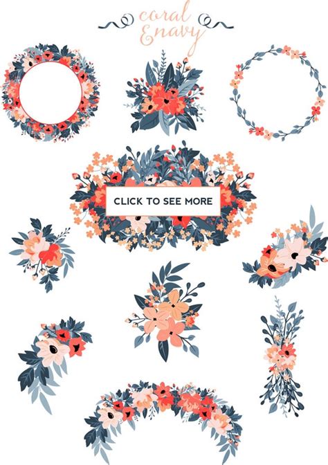 Coral And Navy Peony Floral Clipart Coral Flowers Leaves Etsy