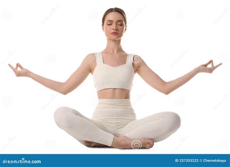 Beautiful Young Woman Meditating On White Background Stock Photo