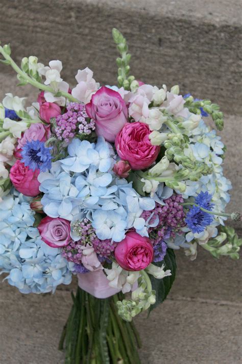 Bridal Bouquet Made Up Fresh Blue Hydrangeas Light Pink Snap Dragons