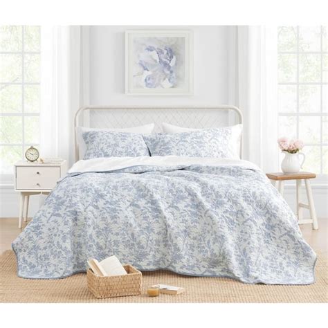 Laura Ashley Amberley 2 Piece Soft Blue Floral Cotton Twin Quilt Set