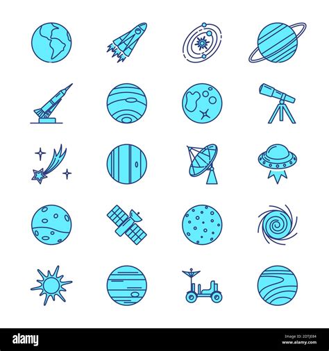 Space Exploration Icons Set In Colored Line Style Solar System Planets