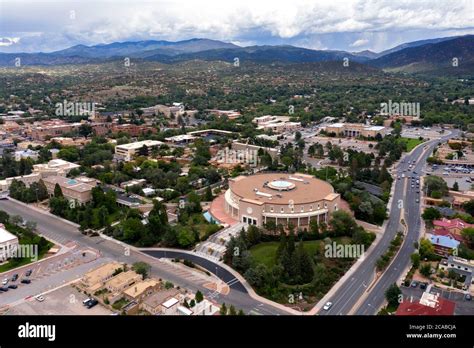 Aerial View Above The State Capitol Building And City Of Santa Fe New