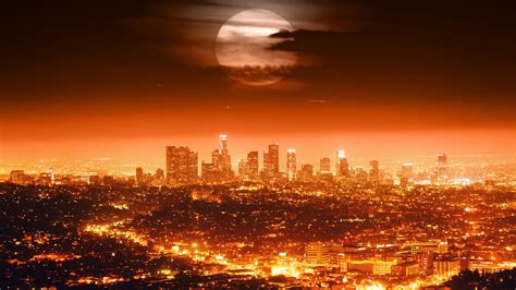 Full Moon Usa Los Angeles Night City Lights Cityscapes Red Style