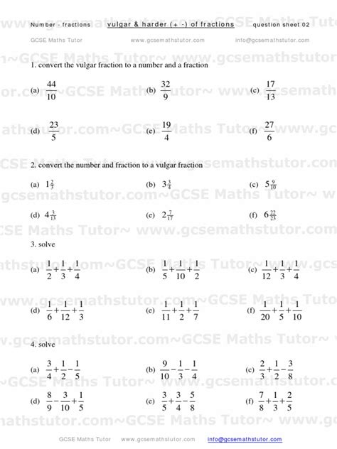Vulgar Fractions Worksheet From Gcse Maths Tutor Physics