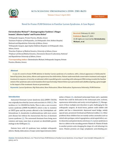 Novel In Frame Flnb Deletion In Familiar Larsen Syndrome A Case Report