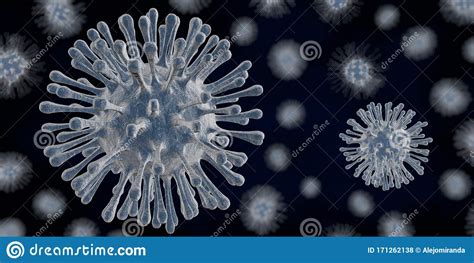 Blue Viruses With Hairs Floating On A Dark Blue Background 3d