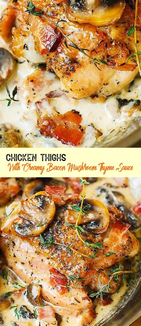 This recipe for chicken livers is an earthy combination of bacon, mushrooms, and green onions. Chicken Thighs with Creamy Bacon Mushroom Thyme Sauce ...