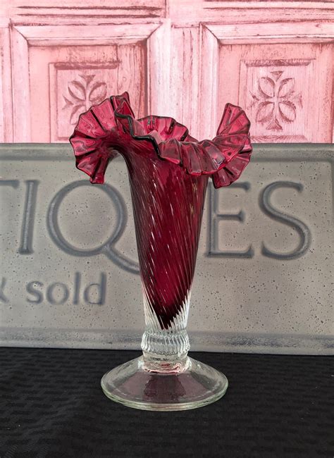 Cranberry Glass Vase Vintage Hand Blown 9 Inch Swirl Etsy Cranberry Glass Vase Hand Blown