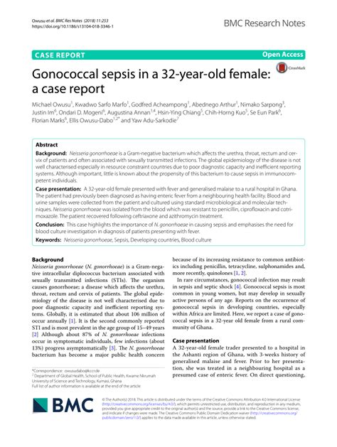 Pdf Gonococcal Sepsis In A 32 Year Old Female A Case Report
