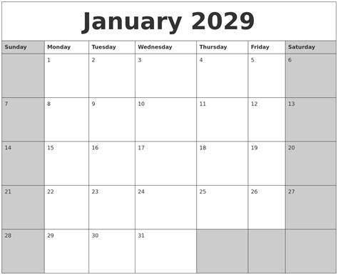 January 2029 Calanders