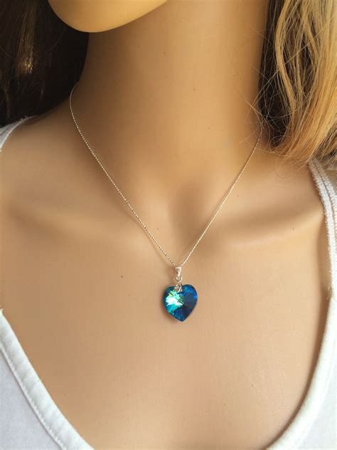Blue Crystal Heart Necklace Sterling Silver Bermuda Blue Heart Pendant
